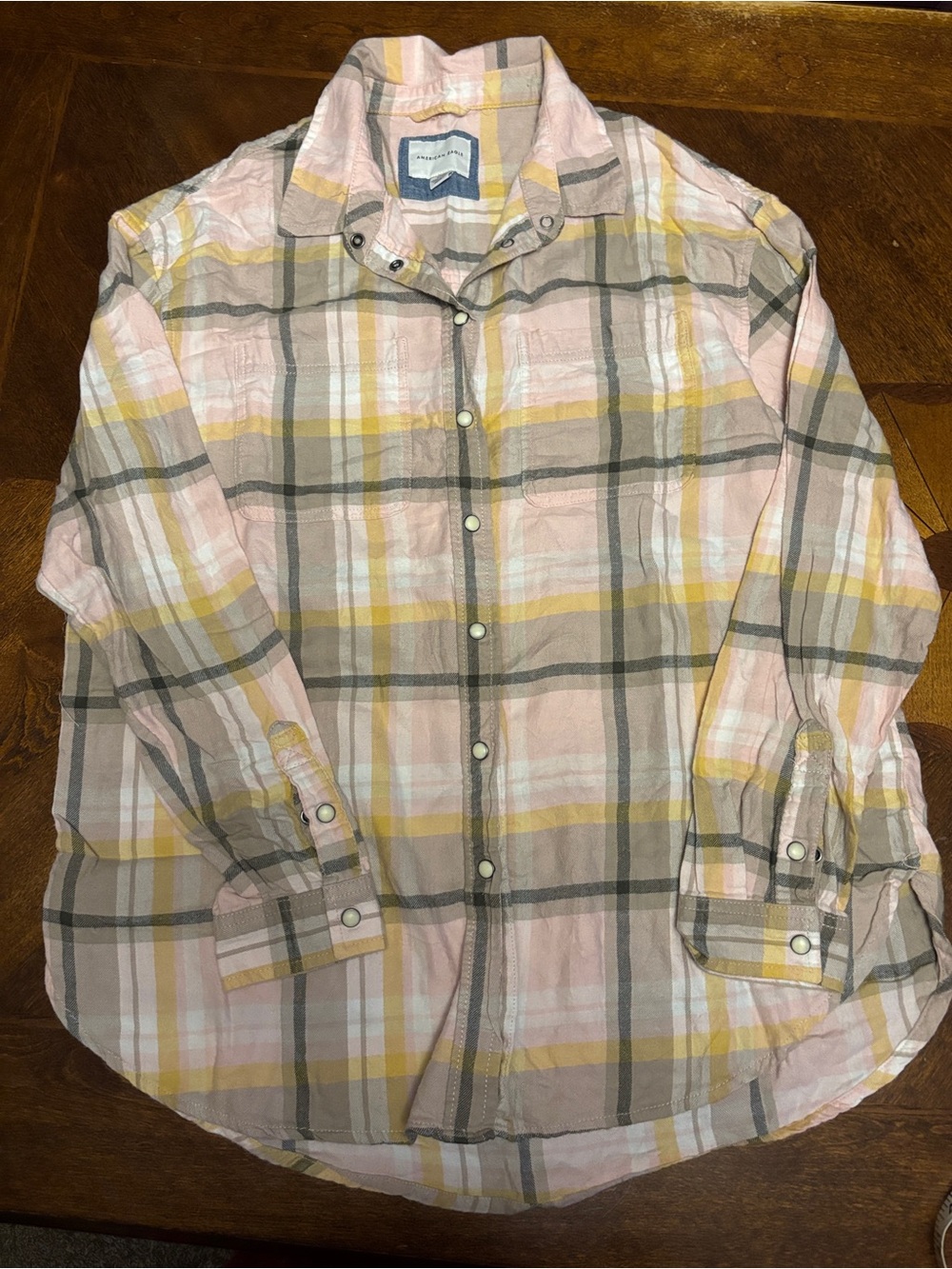 American Eagle Outfitters Men's Pink, Yellow & Gray Plaid Button-Down Shirt